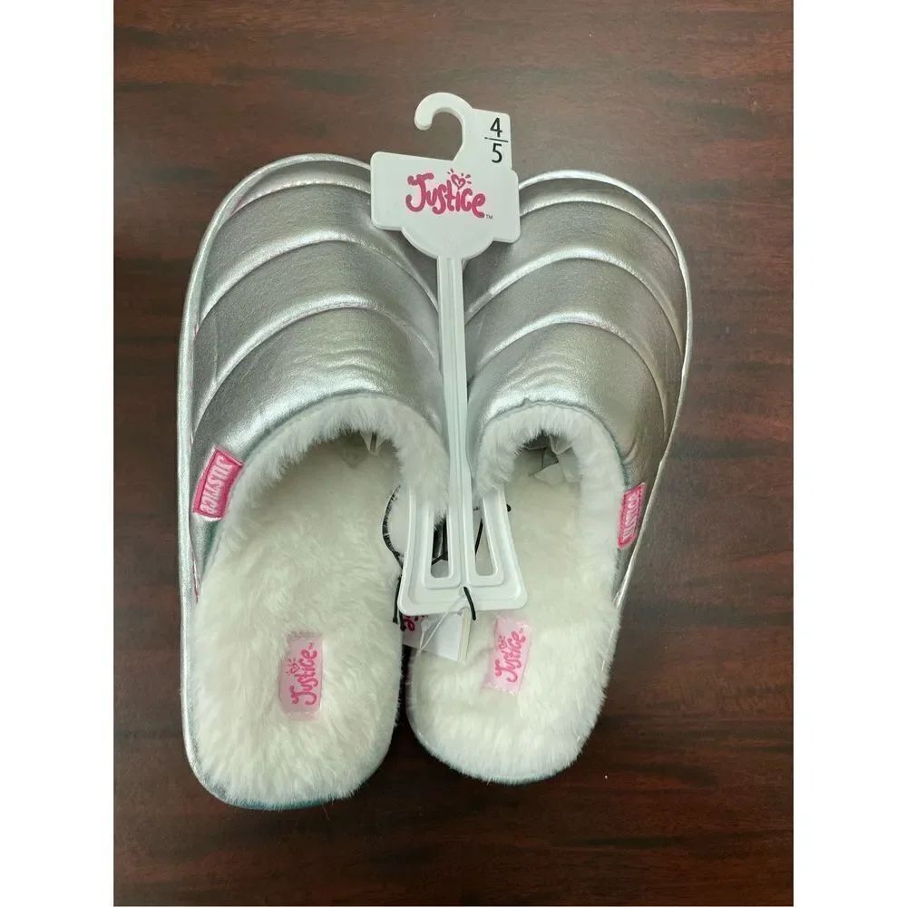 NWT Justice Sliver Kids Slippers Size 4/5